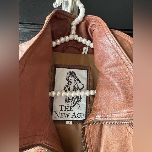 VTG The New Age Brown Leather Double Collar Bomber Jacket Size S - Picture 2 of 15